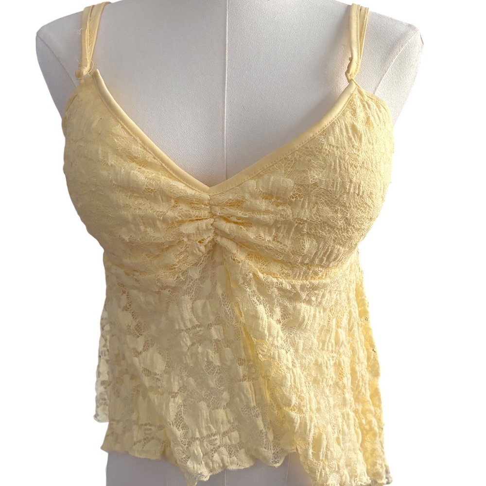 True Yellow Lace Cami Babydoll Tank Top V-Neck Adjustable Straps Size L